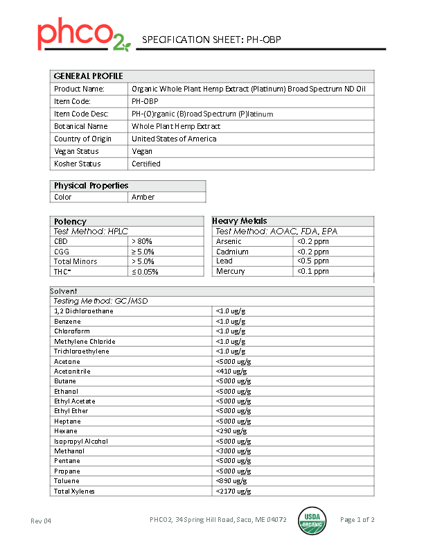 Organic Whole Plant Hemp Extract (Platinum) Broad Spectrum ND Oil: PH-OBP