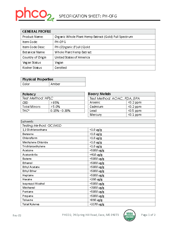 Organic Whole Plant Hemp Extract (Gold) Full Spectrum: PH-OFG
